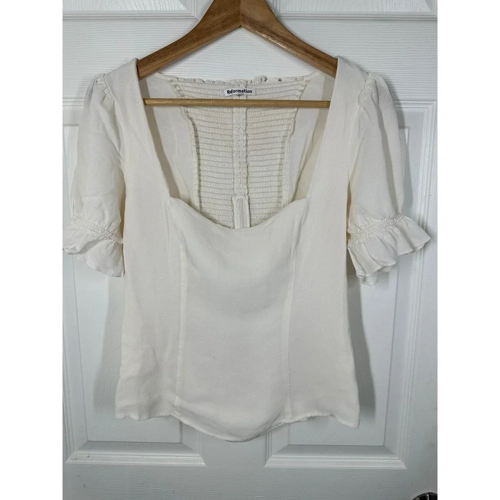 Reformation Top Womens 12 Ivory Gellar Blouse Smocked Back Puff Sleeve Ruffle